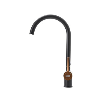 Black single-handle kitchen bar faucet, tall curved gooseneck spout