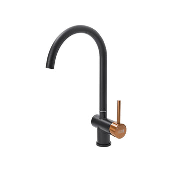 Black bar faucet with side lever handle and tall curved spout, gold-toned control