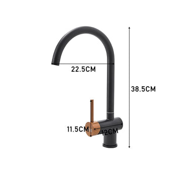 Black bar faucet dimensions: 38.5 cm height, 22.5 cm spout reach, 11.5 cm base