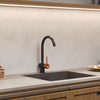 Black single-handle kitchen bar faucet with tall curved spout and side control