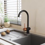 Black single-handle bar kitchen faucet with curved spout and round side control