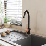 Black bar kitchen faucet with curved spout and single lever handle in oil-rubbed finish