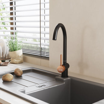 Black bar kitchen faucet with curved spout and single lever handle in oil-rubbed finish