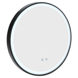 Round LED wall mirror with black metal frame and cool white light ring, touch icons