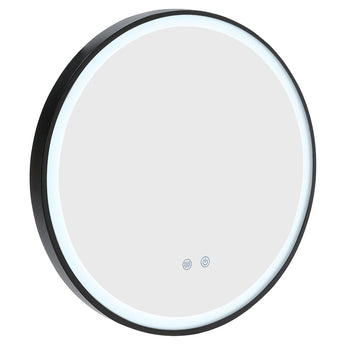 Round LED wall mirror with black metal frame and cool white light ring, touch icons
