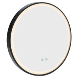 Round LED wall mirror, black metal frame with warm white light ring and touch icons