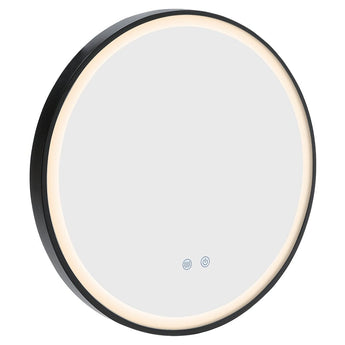 Round LED wall mirror, black metal frame with warm white light ring and touch icons