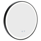 Round LED wall mirror with black metal frame and bright white halo light, touch controls