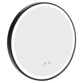Round LED wall mirror with black metal frame and bright white halo light, touch controls