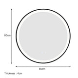 Round LED wall mirror dimensions: 80cm x 80cm, 4cm thickness, black frame