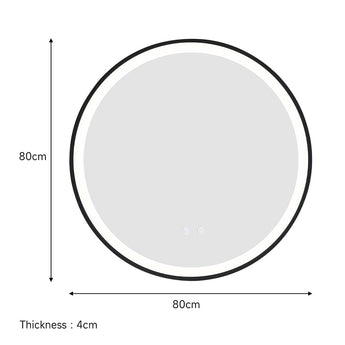 Round LED wall mirror dimensions: 80cm x 80cm, 4cm thickness, black frame