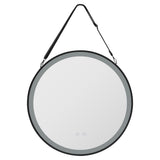 Round LED mirror with black rim and hanging strap, bright circular light edge
