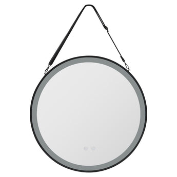 Round LED mirror with black rim and hanging strap, bright circular light edge