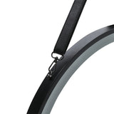 Black leather-style hanging strap with metal rings on round LED mirror