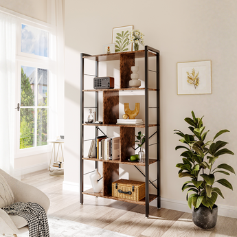 5-stufiges Bücherregal mit Metallrahmen, offene Fächer, braun-nussbaumfarbene Regalböden