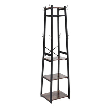 Freestanding 4-tier clothing rack with black frame, dark wood-look shelves, hanging hooks