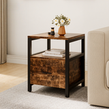 Brown bedside table with black metal frame, one drawer and open lower shelf