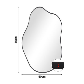 Irregular wall mirror, size 86cm x 50cm, dark metal frame, rounded shield shape