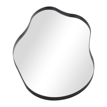 Irregular wall mirror with dark metal frame, smooth rounded edges