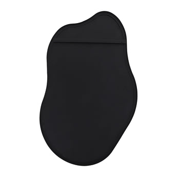 Irregular wall mirror back with black finish and curved, shield-like outline