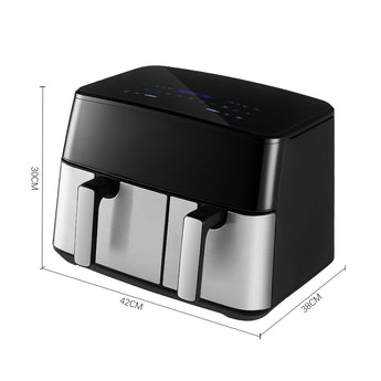 Air fryer with touchscreen and dual baskets, shown with size dimensions