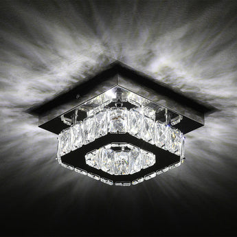 Square ceiling light with clear crystals and a central cut-crystal ring
