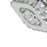 Close-up of clear faceted crystal prisms on a square chrome ceiling light canopy