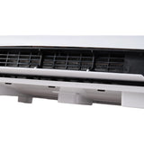 Underside of white electric heater showing air vents and heating element grille