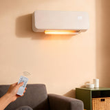 White wall PTC electric heater with glowing heating panel and digital display