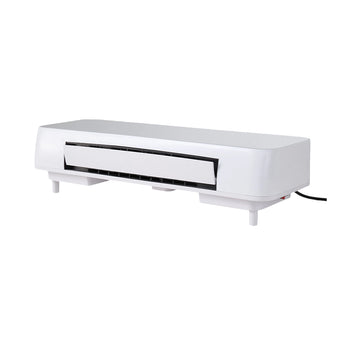 White electric space heater with front grille and base feet