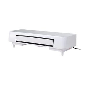 White electric space heater with front grille and base feet