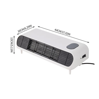 Electric heater dimensions 44cm x 16cm x 13cm with vented front grille