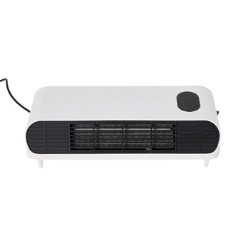White electric heater with front grille and top indicator cover