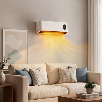 Wall-mounted electric heater with glowing heat output and small digital temperature display