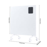Convection heater front view with dimensions markings, white body and black control window