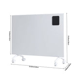 Convection heater side view with dimensions and white body on rolling caster wheels