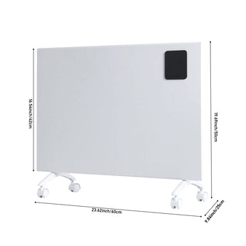 Convection heater side view with dimensions and white body on rolling caster wheels