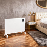 Convection heater, white panel with black control window and rolling caster feet