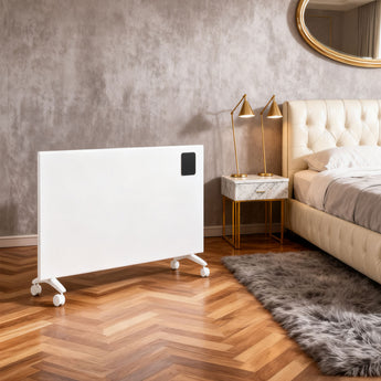 Convection heater, white panel with black control window and rolling caster feet