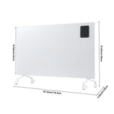 Convection heater size diagram with white body, black control window, and four casters