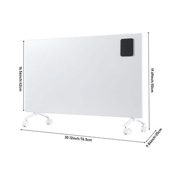 Convection heater size diagram with white body, black control window, and four casters