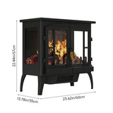 Black freestanding electric fireplace heater with dimensions shown, flame window and legs