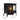 Black freestanding electric fireplace heater with dimensions shown, flame window and legs