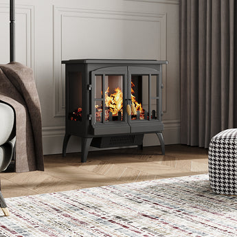 Freestanding LED electric fireplace heater in black with glass-front flame effects