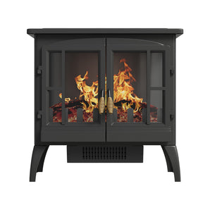Front view of black LED electric fireplace heater with flame effect and log pieces