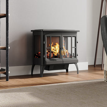 Black freestanding electric fireplace heater with enclosed flame window and logs