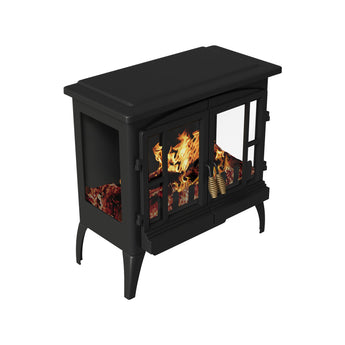 Black freestanding electric fireplace heater with top lid and front vent grille