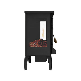 Black electric fireplace heater showing side panel and flame window with glowing logs