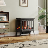 Freestanding dark electric fireplace heater with glass doors and LED flame display, on stand