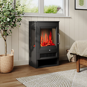 Freestanding black LED electric fireplace with ember and flame effect in glass window